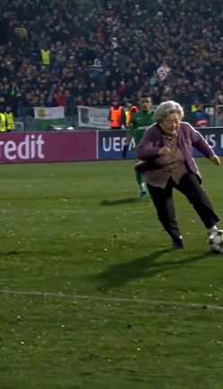 At twelve seconds, the woman approaches the ball; her gray hair, purple cardigan and dark trousers remain visible.